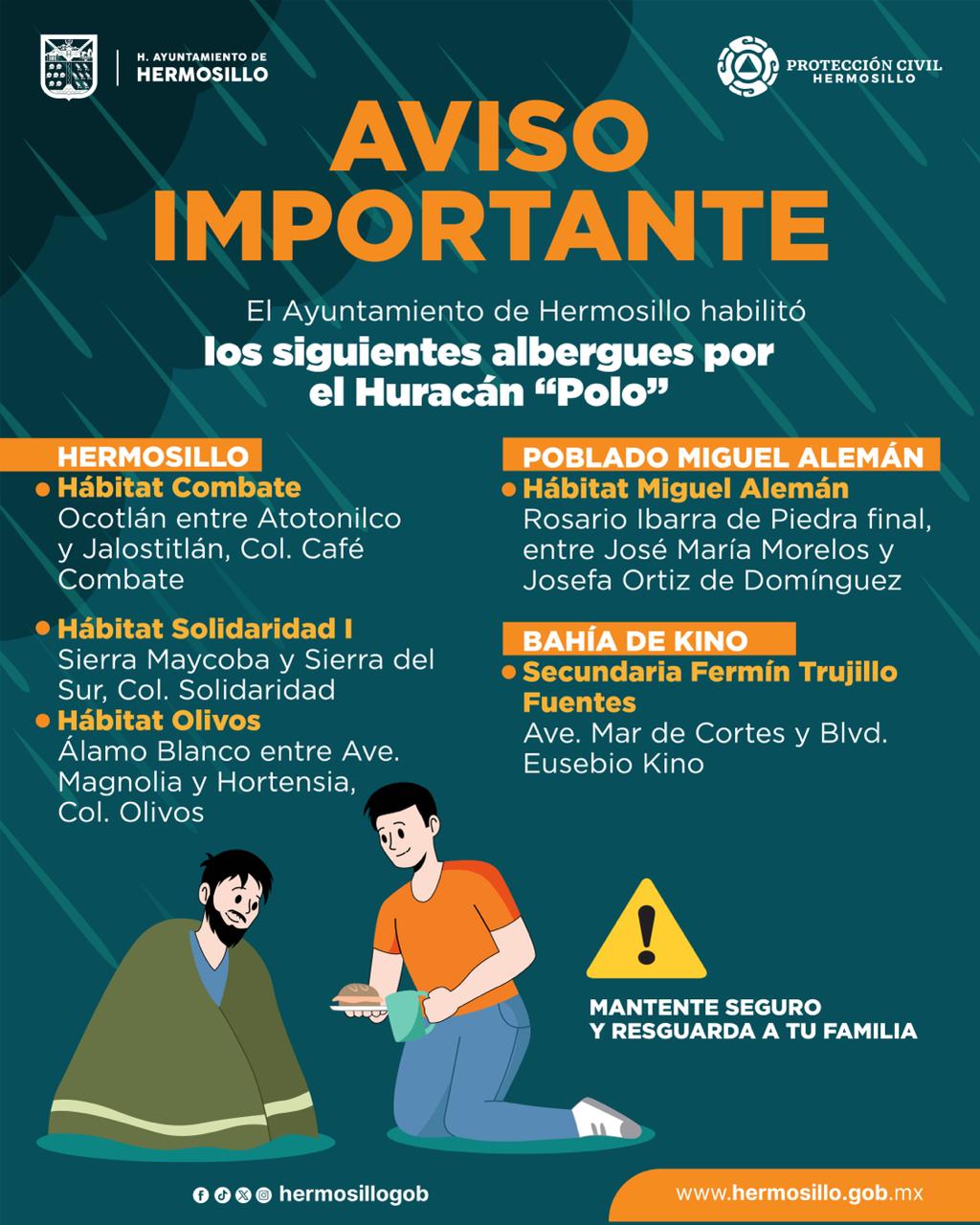 Ayuntamiento de Hermosillo  habilita albergues ante la llegada del huracán “polo”